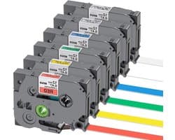 Tape Cartridges Vervanging voor Brother P-touch TZe-131 TZe-231 TZe-431 TZe-531 TZe-631 TZe-731, Zwart op Wit/Transparant/Rood/Blauw/Geel/Groen Gelamineerd, 6-Pack voor Etiketteren en Organiseren