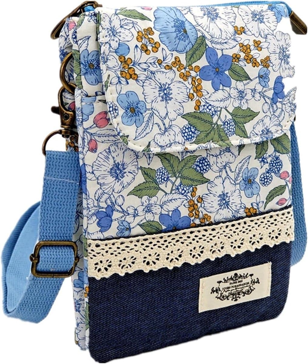 Mini-crossbody tas voor mobiele telefoon met verstelbare schouderriem, katoen, ideaal voor winkelen, vergaderingen en wandelen - blauw — afbeelding 1