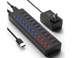 USB Hub met Voeding - USB Splitter Hub - Apparaten Aansluiten - 11 Poorten Individueel - 100cm Kabel - Zwart