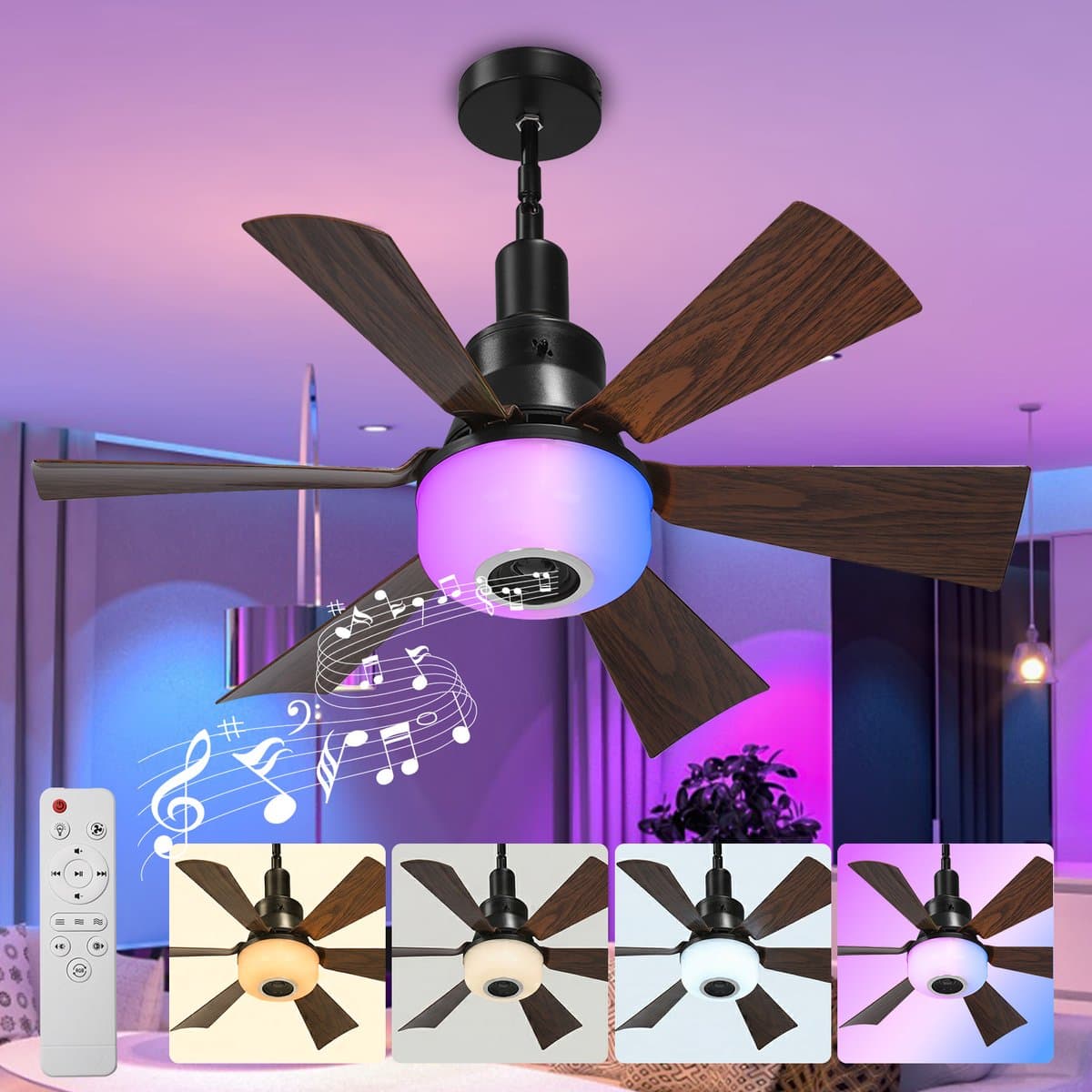 MUPOO Moderne Plafondventilator met Lamp E27 Fitting - Afstandsbediening& Bluetooth Speaker - RGB &Dimbaar - 6 Verstelbare Hoogtes & 3 Snelheden - ventilator plafondlamp Voor Slaapkamer en Woonkamer — afbeelding 1