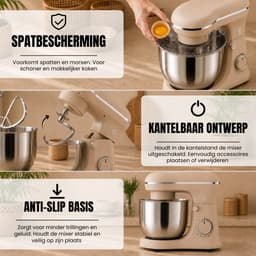 Motivai Keukenrobot 1500W - 5L Keukenmachine met Mengkom - Mixer met 10 Snelheden & Pulse - Inclusief Deeghaak, Garde & Menghaak - Matte Beige — thumbnail 3