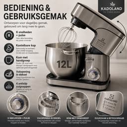Kadoland® 12L Stand Mixer – Deegmachine 2000W – Keukenmachine voor Zwaar Deeg – 6 Snelheden + Pulse – RVS Mengkom – Inclusief Deeghaak, Garde, Klopper en Spatel — thumbnail 4