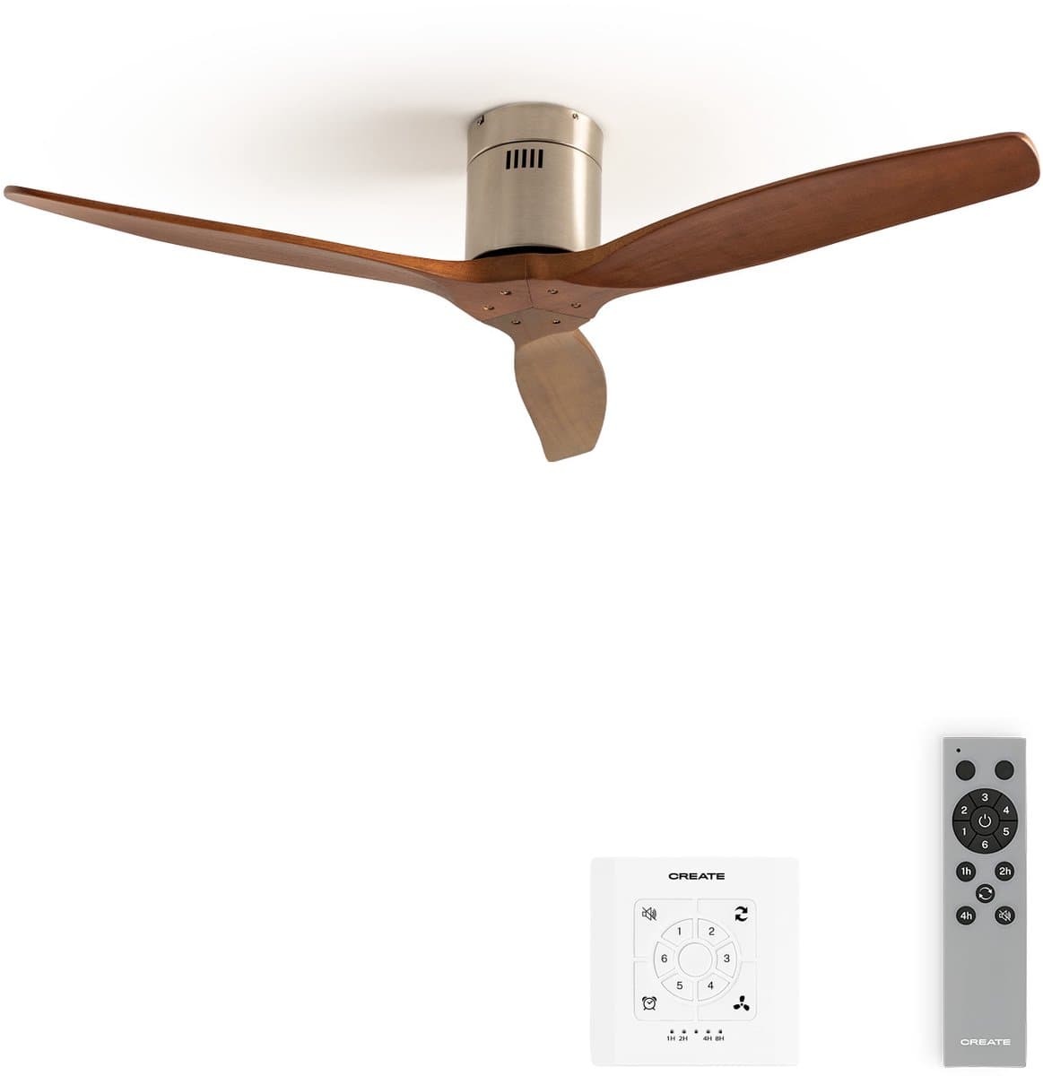 CREATE - Plafondventilator 40W silent 100% hout (Ø132cm) (ruimtes 10m²-25m²) - Geen licht -Controller voor wandmontage + afstandsbediening - WIND CALM NATURAL WOOD — afbeelding 1
