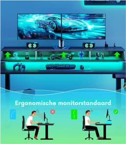 Elektrisch Gaming Bureau 140 Cm - In Hoogte Verstelbaar - RGB LED Verlichting En Stopcontacten - Met Opbergruimtes - Bekerhouder En Headset Haak - Carbon Look Werkblad - Zwart — thumbnail 4