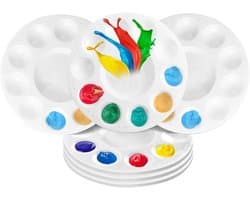 Set van 6 Mengpaletten van Kunststof, Ronde 15,8 cm, voor Waterverf, Acrylverf en Olieverf met 11 Mengvelden voor Schilderen en Creatieve Projecten