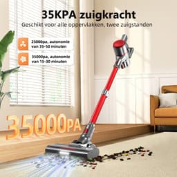 Authmic Steelstofzuiger Draadloos - 35.000Pa Zuigkracht - 6-in-1 Multifunctioneel Ontwerp - 6*2200mAh - 50 Min - GreenEye Technologie - Wandbeugel - Geschikt voor Huisdierharen, Tapijt en Harde Vloeren - Rood — thumbnail 3
