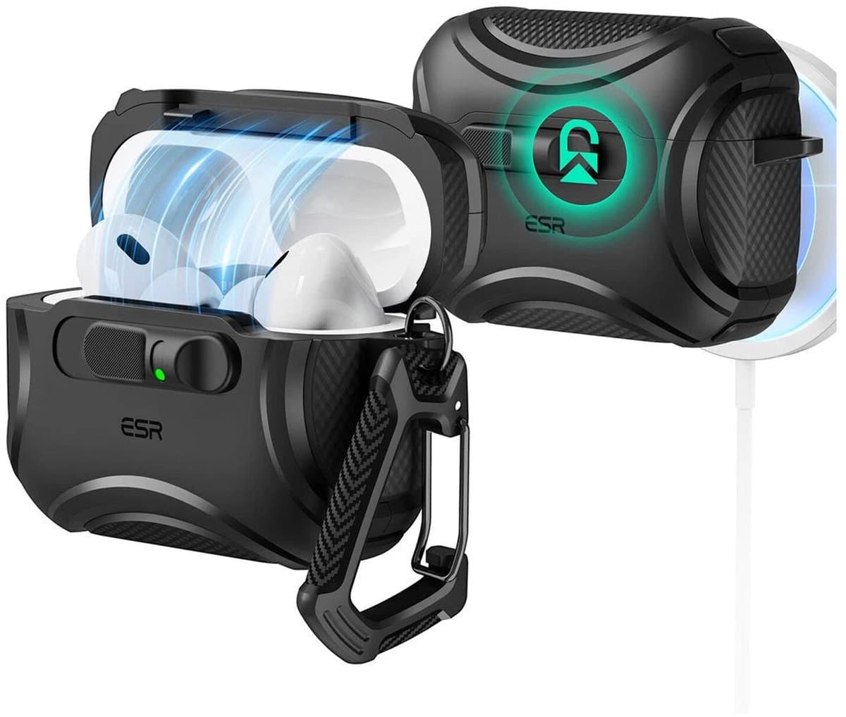 ESR Hoesje Geschikt Voor AirPods Pro 3 (2025) - Cyber FlickLock Case - Compatibel met MagSafe - Karabijnhaak - Zwart — afbeelding 1