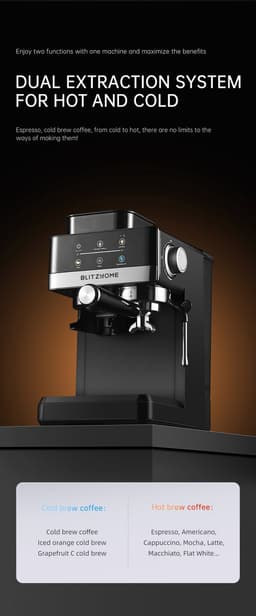 BlitzHome CM5520 Espressomachine met Ingebouwde Koffiemolen, 20 Bar, 1350W, Touchscreen, Voorverwarmingsindicator & 1,8L Watertank – Zwart | Volwaardige Espresso in — thumbnail 3