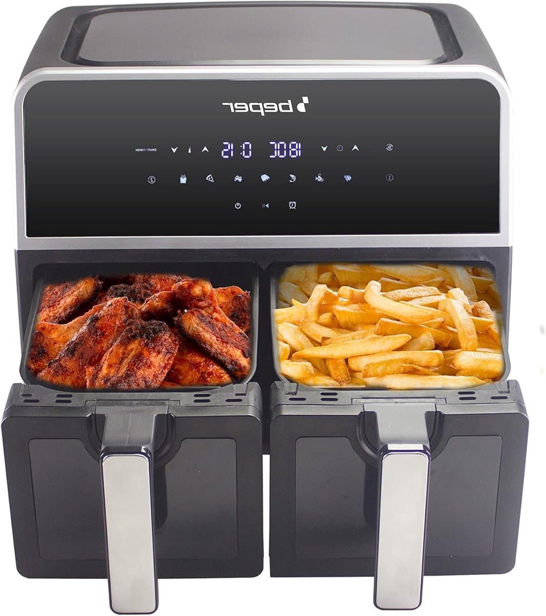 Airfryer Dubbele Mand - Heteluchtfriteuse Dubbele Zone - Gezond Koken - Twee Manden Onafhankelijk - 9 Liter - Zwart — afbeelding 1