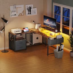 Gaming Bureau met LED Verlichting - 120x120x75cm - L-Vormig Game Bureau met Stopcontact - 2 Non Woven Lade - Gaming Desk - Computer Tafel - Gaming Tafel - Bureau voor Gamen, Studeren en Werken - Vintage Bruin — thumbnail 4
