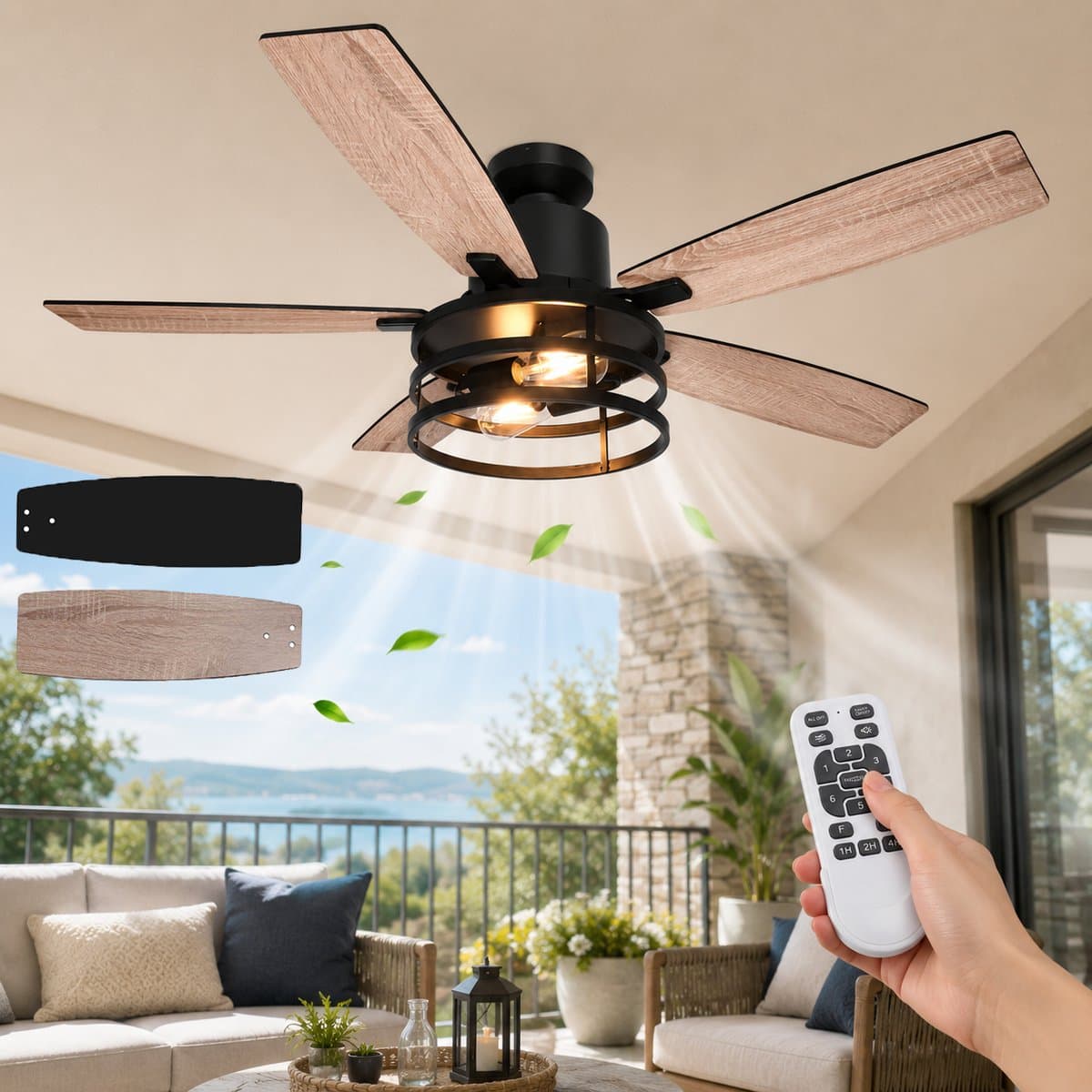 MUPOO Plafondventilator met Verlichting 112cm - Energiezuinige DC Motor&Afstandsbediening-Muisstil <35DB- Zomer- en winterstand-6 Snelheden & Timer-Inclusief 2 Lampen - ventilator lamp plafond voor Slaapkamer en Keuken-Walnoot — afbeelding 1