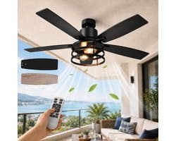MUPOO Zwart Industrieel XXL Plafondventilator met Verlichting 132 cm -DC Motor <30dB&Afstandsbediening -Zomer- en winterstand- 6 Snelheden & Timer -voor Eetkamer ,Woonkamer & Terras-Walnoot houten ventilatorbladen