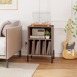 Platenspeler Stand met Laadstation - Platenspeler Meubel - Vinyl Opbergsysteem voor 150 LP's - Houten Platenkast met 5 Open Vakken - LP Record Holder - Tafel voor Draaitafel & Printer - Audio Bijzettafel Woonkamer & Kantoor - Walnoot — thumbnail 2