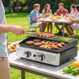 Gasgrill - Gasbarbecue met 2 Branders - Draagbare Gasbarbecue en grill - 5 kW - Grillwagen - Tafelgrill - met Keramische Coating, Grillrooster & Warmhoudrek - 51,5 x 44 x 21 cm - Zwart — thumbnail 4