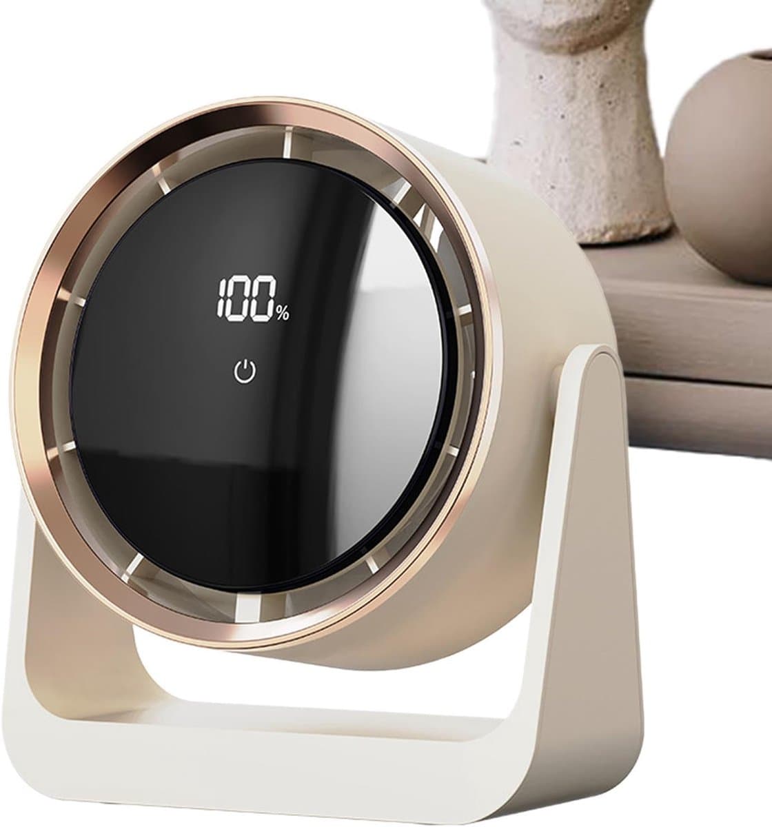 Witte USB tafelventilator met LED display – stil, oplaadbaar, wandmontage mogelijk, voor slaapkamer of kantoor — afbeelding 1