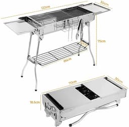 NordHaus Houtskool BBQ Grill - RVS Camping Barbecue - Opvouwbare Sate Grill - Groot Grilloppervlak - 122x30x75 cm — thumbnail 5