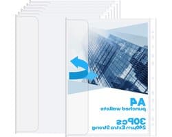 Duurzame doorzichtige A4 perforatiehoezen, 240 micron, met klep en 11 gaten voor ringbanden, ideaal voor documenten en archivering