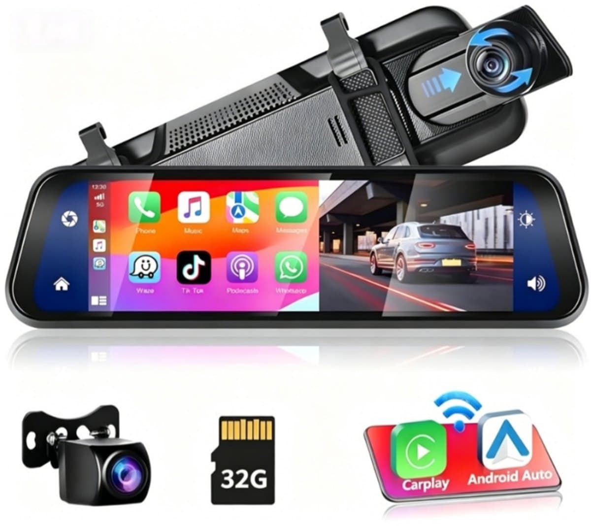 HD-achteruitkijkspiegel-dashcam - met draadloze Apple CarPlay- en Android Auto-functionaliteit - 9,66 inch - 1080P - IPS-touchscreen - dual-screen dashcam - Bluetooth + AHD-achteruitrijcamera - wifi - inclusief 32 GB SD-kaart — afbeelding 1