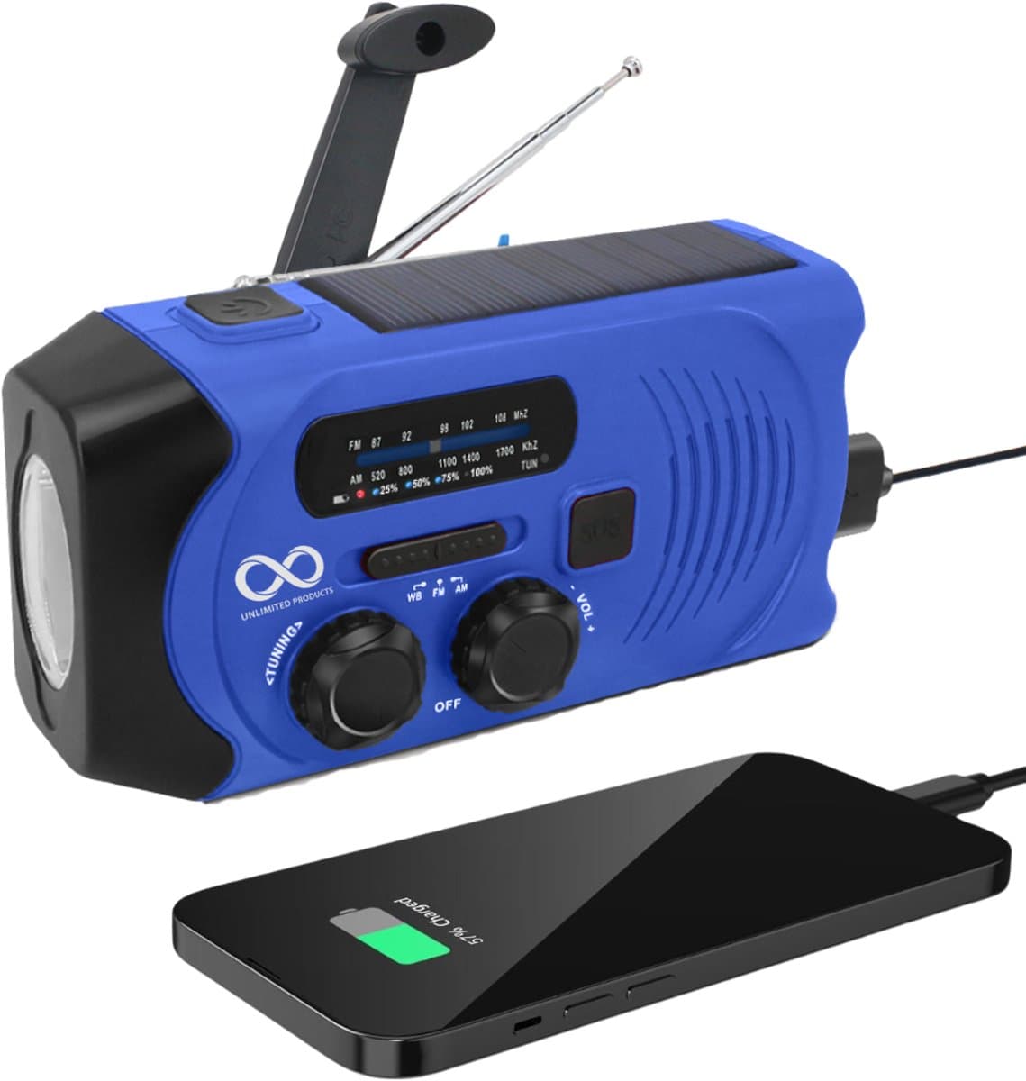 Noodradio - Solar - Opwindbaar - Blauw - Powerbank Zonne-energie - Zaklamp - Opwindbare Radio - Noodpakket — afbeelding 1
