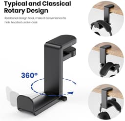 Koptelefoon standaard - Hoofdtelefoon hanger - Koptelefoon houder voor onder bureau - Headset hanger - Headset standaard - Opbergrek - Haken - met 360 graden draaibare haak en kabelclip - voor hoofdtelefoons, petten, brillen - zwart — thumbnail 3