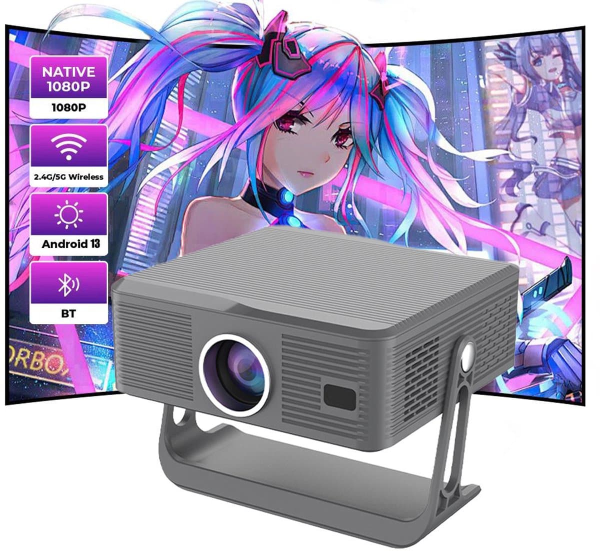 KZQ 1080p Android 13 Smart Projector - Met Autofocus En Keystone Correctie - 300 Ansi Lumen - Wifi 6 En Bluetooth 5 2 - Compatibel Met Netflix Youtube En Prime Video - Ideaal Voor Thuisbioscoop En Voetbal Kijken - 1 Stuk — afbeelding 1