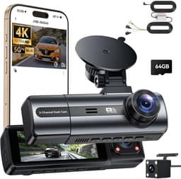 4K dashcam voor voor- en achterkant met hardwire-kit, 3-kanaals ingebouwde camera met 24-uurs parkeermodus, 64 GB SD-kaart, wifi en app, G-sensor, WDR, nachtzicht, loopopname. — thumbnail 1