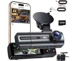 4K dashcam voor voor- en achterkant met hardwire-kit, 3-kanaals ingebouwde camera met 24-uurs parkeermodus, 64 GB SD-kaart, wifi en app, G-sensor, WDR, nachtzicht, loopopname.