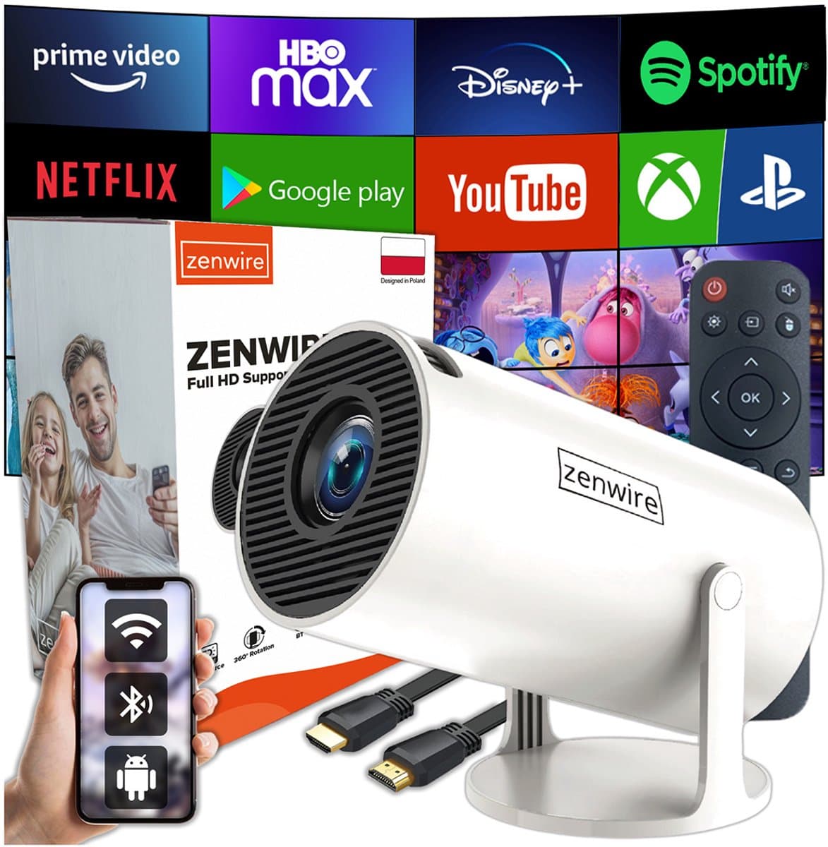 Zenwire R1 Mini Beamer 360 - Beamer - Mini Projector 360 - ANDROID 13 - WiFi 6 - Bluetooth 5.0 - 250 ANSI - HD 1280x720p ondersteunt FULL HD - Autokeystone 4D / Zoom - Home Cinema - Draagbaar - Voor IOS en Android - HDMI - USB - 36"-150" Scherm — afbeelding 1