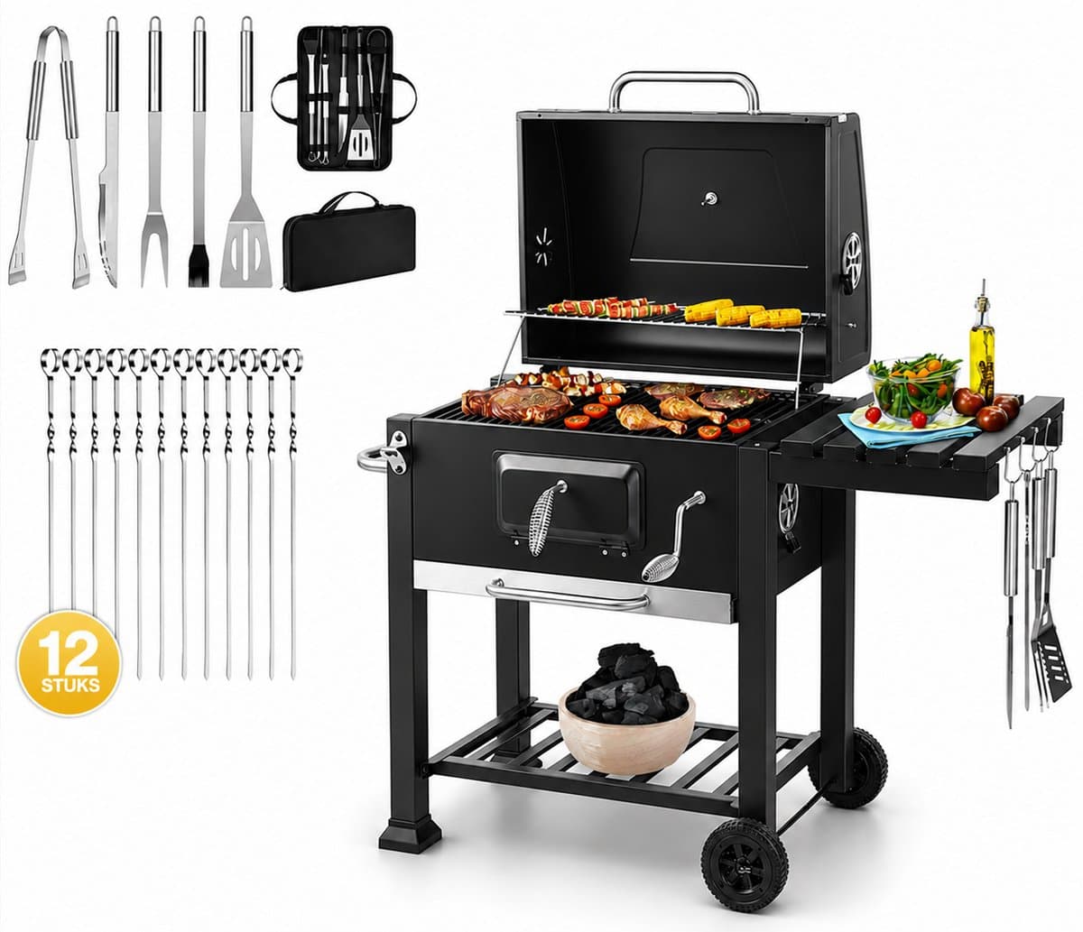 SMH LINE® BBQ houtskool XL- Smoker Barbecue - Incl. BBQ Greedschapset en 12x BBQ Spiezen - Verstelbare Kolenroosters & Inklapbare Zijtafel - Zwart — afbeelding 1