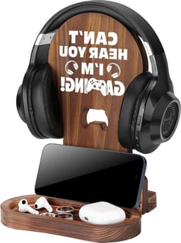 Hoofdtelefoon Houder - Gamer Accessoire - Bureau Organisatie - Handgemaakt Natuurlijk Hout - 19x16x25 cm - Houtkleur — thumbnail 1