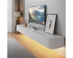 Zwevende TV Kast - TV Meubel Hangend - Woonkamer Opbergen - Afgeronde Hoeken LED - 160cm Breed - Wit