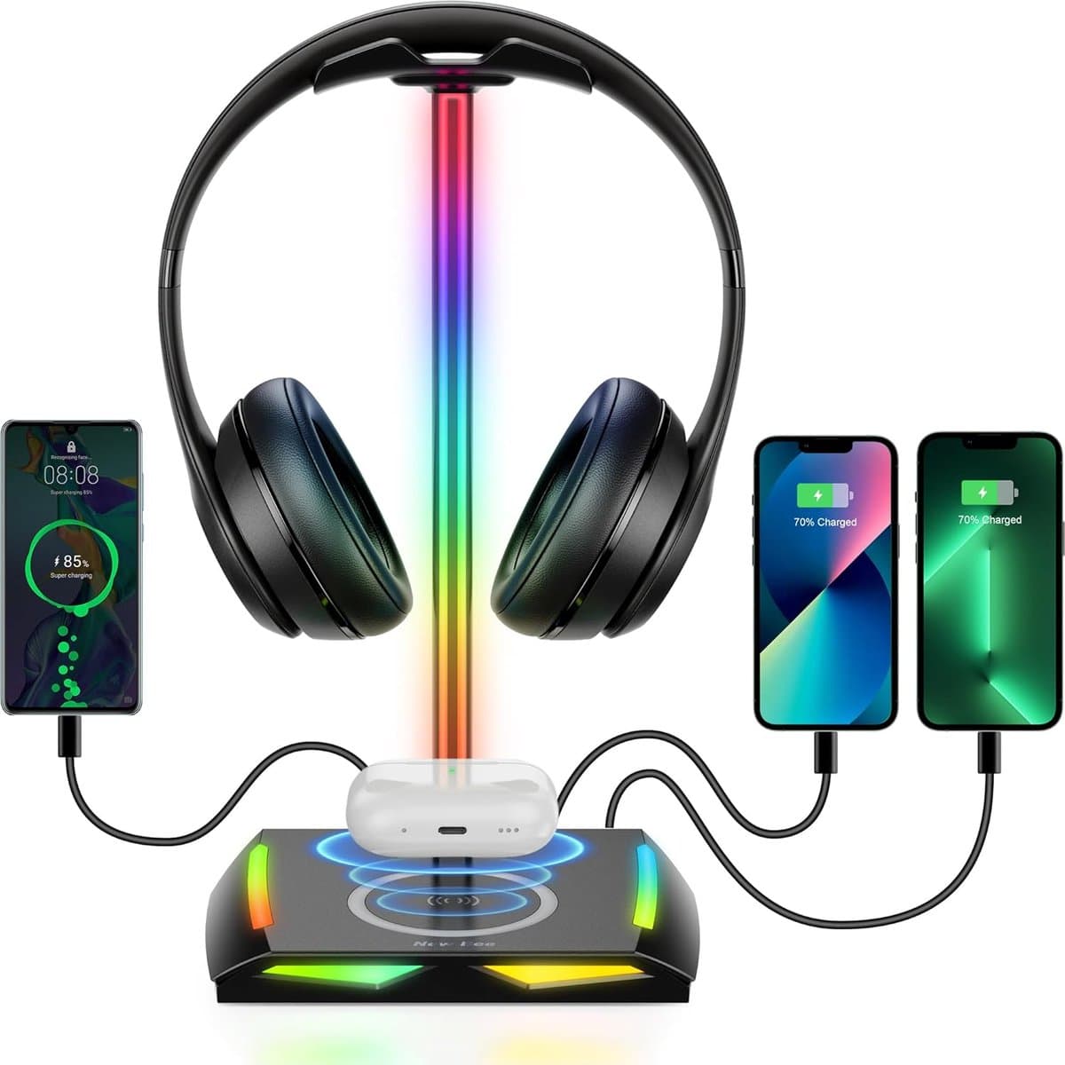 RGB Hoofdtelefoonstandaard met Draadloze Oplader - Gaming Headset Houder - Hoofdtelefoonhouder met USB en Type-C Poorten - 11 Verlichtingsmodi - Accessoire Organizer - Gaming Bureau Gadget - Zwart — afbeelding 1