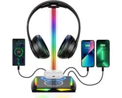 RGB Hoofdtelefoonstandaard met Draadloze Oplader - Gaming Headset Houder - Hoofdtelefoonhouder met USB en Type-C Poorten - 11 Verlichtingsmodi - Accessoire Organizer - Gaming Bureau Gadget - Zwart