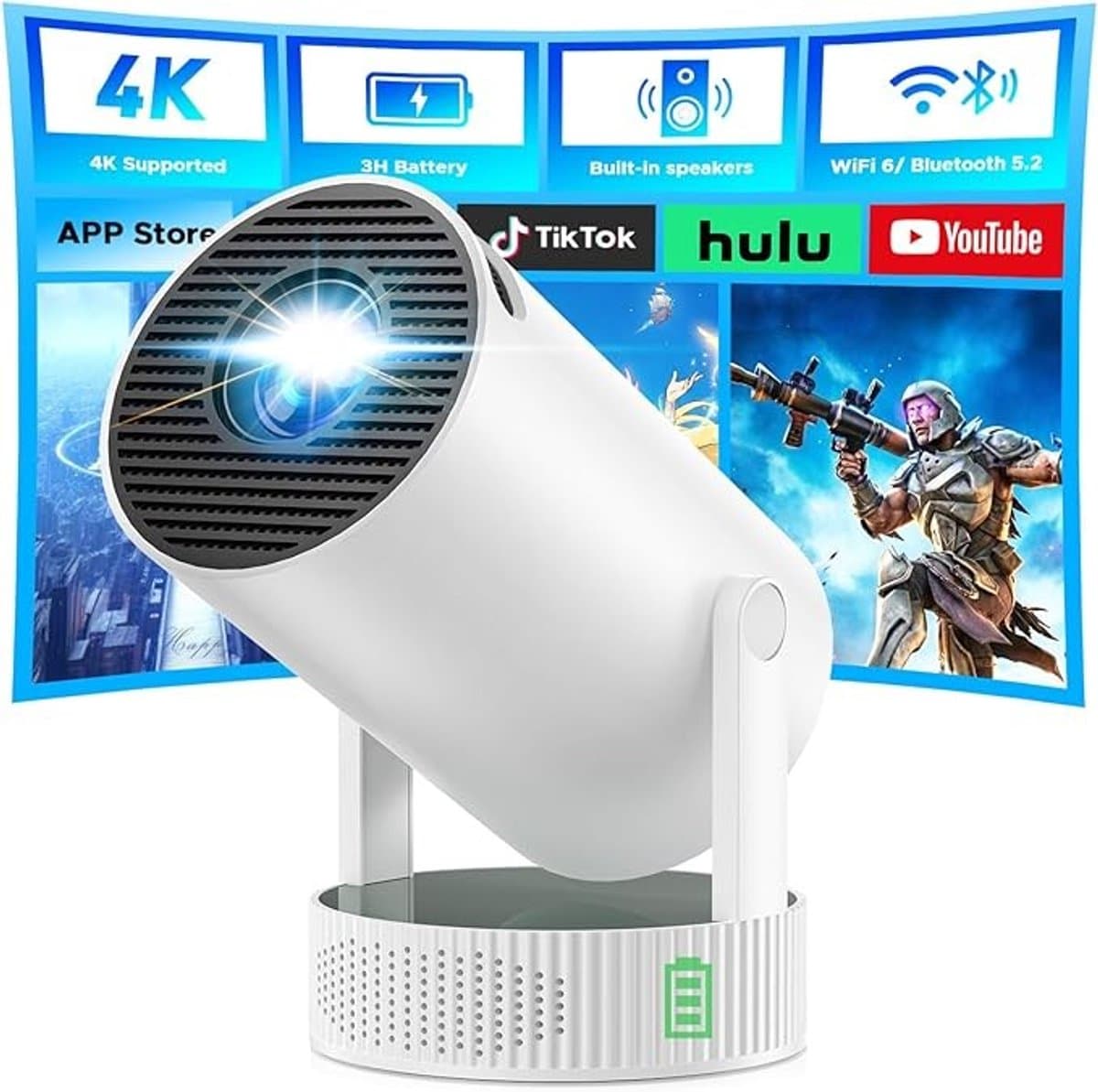 Draagbare Mini Beamer met Batterij, 4K Ondersteuning, WiFi 6 & Android TV — afbeelding 1