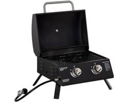 Gasbarbecue - Tafelmodel Gasbarbecue en Gasgrill - 2 Branders - Grillwagen - 5,6 kW - met Grillrooster, Drukregelaar, Slang, Thermometer - 55 x 46,5 x 41 cm - Zwart