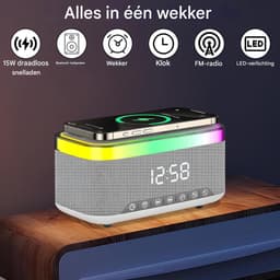 carmdering - Radio Wecker - Digitale Wekkerradio -Slimme Wekker - Digitale Klok Slaapkamer - Wekker voor kinderen & volwassenen - 6-in-1 Bluetooth-luidspreker & 15W Draadloos Oplader - Wit Metaal - FM-radio — thumbnail 5