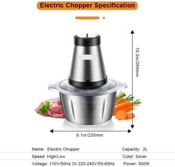 Elektrische Vleesmolen - 500W - Foodprocessor - Hakmolen - 2L RVS Keukenmachine - 2 Snelheden - voor Vlees - Noten en Groenten - Eenvoudig Schoon te Maken - Standaard Extra Mes — thumbnail 4