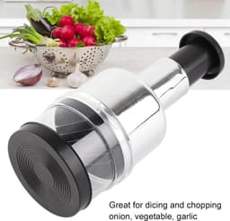 Handmatige Hakmolen - RVS - Ui en Knoflook Snijder - Hakker met Drukknop - RVS Groentesnijder - Keukenhulp voor Uien, Groenten & Kruiden - Vaatwasserbestendig - Handmatige Food Processor - Zilver/Zwart — thumbnail 3