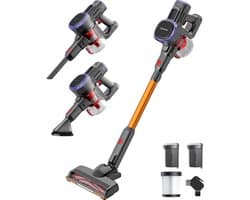 Auronic Steelstofzuiger Draadloos 220W - Draadloze Stofzuiger - HEPA Filter - Zelfstaand - Extra Accu - Op Accu - Zonder Zak - Kruimeldief - Vacuum Cleaner - Grijs/Oranje