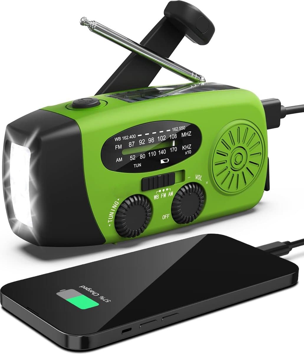 Radio Op Batterijen (Accu) Voor Rampen - Radio Opwindbaar - Noodradio - Noodradio Solar Opwindbaar - Multifunctionele Noodradio - Survival Radio - Zaklamp / Powerbank - Noodpakket - Noodrantsoen - Voor Rampen - Voor Camping - Draagbare Radio - Groen — afbeelding 1