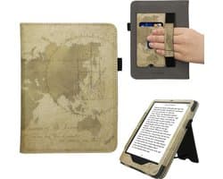 kwmobile e-reader hoesje geschikt voor Amazon Kindle Paperwhite (2024)/Colorsoft hoes - E reader flip case van kunstleer - Ereader cover met stand - Vintage Travel design in bruin / lichtbruin