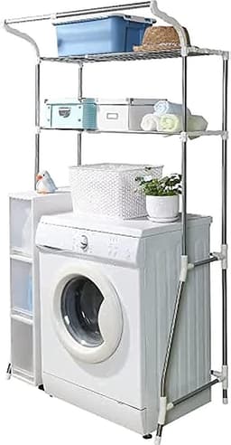 Opbergplank Toilet Boven de Wasmachine - Opbergrek Badkamer Ruimtebespaarder - 2 Planken Wasruimte Organizer met Ophangstang - Eenvoudige Montage - Verstelbare (62-101) x 173 x 48 cm Ivoor Wasmachine rek — thumbnail 1