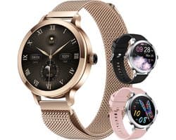 Golden Sound AMOLED Smartwatch Dames - 3 extra bandjes - Horloge dames - Geschikt voor elke laptop en smartphone - Stappenteller - Slaapmonitor - Saturatiemeter - 42mm