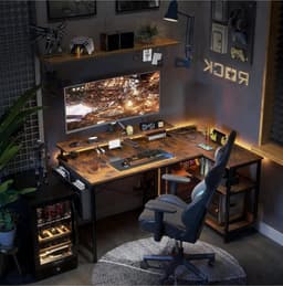 hoekbureau-L-vorm-120 x 80 x 88 cm-USB-oplaadpoort en stopcontact -gaming met rek-omkeerbaar-monitorrek voor kantoor-Bruin — thumbnail 3
