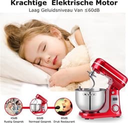 Jurrys Keukenmachine 6L – 1200W – Rood – RVS Mengkom – Keukenrobot met Garde & Mixer – Standmixer voor Bakken & Koken — thumbnail 4