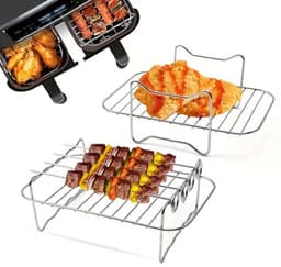 Dutchers® Set van 2 RVS Grill Rekken en 3x Spies stokjes - Wasbaar voor Dubbele Heteluchtfriteuse – Oven Accessoires - Te gebruiken voor: Ninja AF300EU, AF400EU, AF451EU, AF500EU, SL400EU en Andere Tweezone Airfryers — thumbnail 1