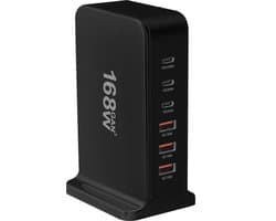 DrPhone GaNForce - 168W - 6 Poort Laadstation – Desktop Oplader - 1x PD 100W USB-C – 1x 30W+20W Type-C USB + 3x USB 18W - GaN3 technologie - Zwart