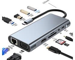 Ferfito Aluminium schaal 11 in 1 USB-C Hub- 1xUSB 3.0 - 1xHDMI 4K- 3xUSB 2.0 - 1xSD - 1xTF - 1xPD 100W- 1xVGA - 1xRJ45 -1xAudio- USB C hub met 11 poorten - Multifunctioneel gedekt USB splitter - Docking station laptop