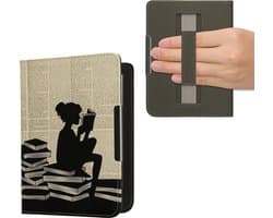 kwmobile e-reader hoesje geschikt voor Kobo Clara BW / Colour hoes - E reader flip case met magneetsluiting - Ereader cover - Meisje met boeken design in zwart / beige