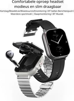 DrPhone DualX Duo2 - Smartwatch met Ingebouwde Oordoppen - Bluetooth 5, NFC, Gezondheidsmonitoring & Automatisch Opladen - Zwart — thumbnail 4